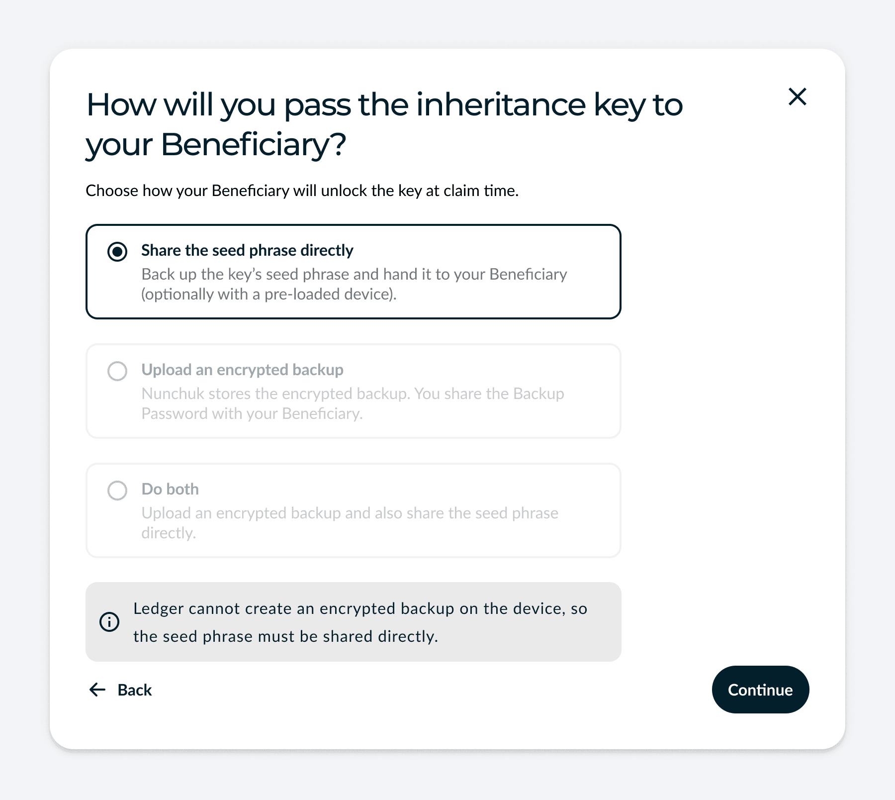 The key distribution choice as a desktop dialog, for a device without on-device encryption