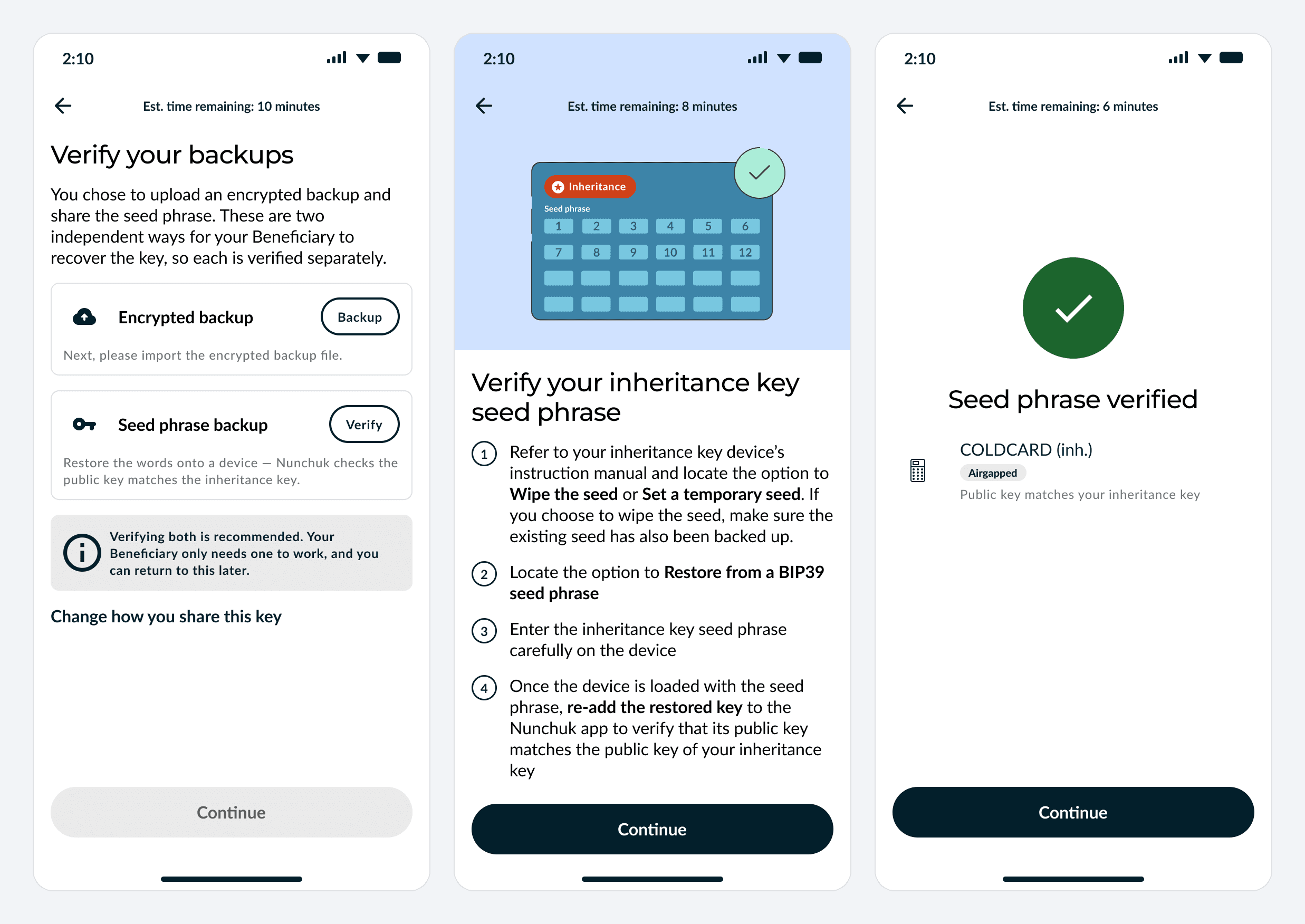 The verification checklist, the restore steps, and a successful match