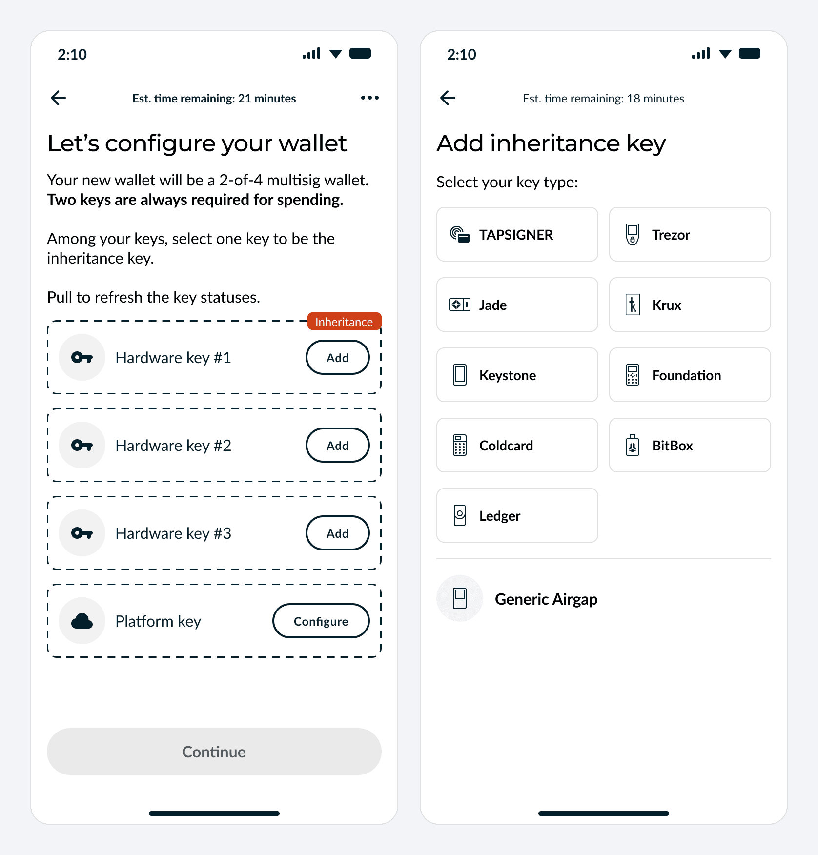 Wallet setup with the inheritance slot, and the inheritance key picker