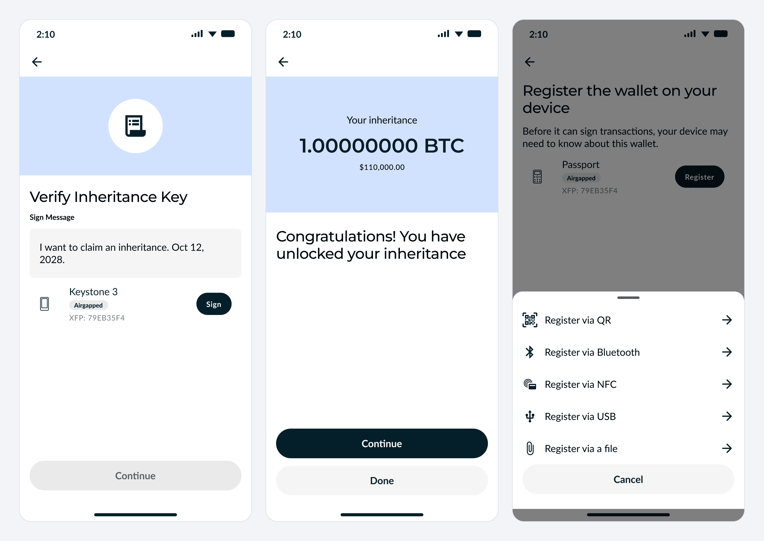 Signing the claim message, the unlocked inheritance, and wallet registration